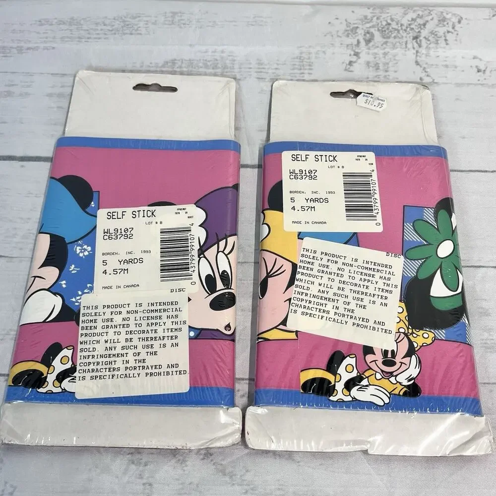 Vintage 2pc Borden Self Stick Border Mickey's Stuff Minnie Mouse Pink--10 yds